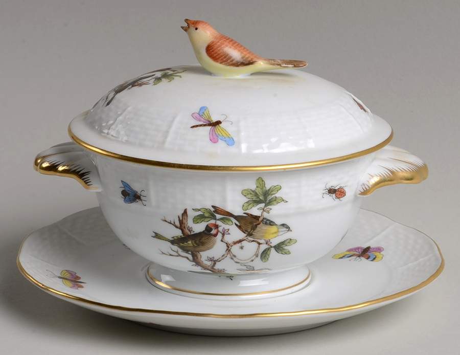 Rothschild Bird (RO) Cream Soup Bowl & Saucer Set with LId by Herend-1