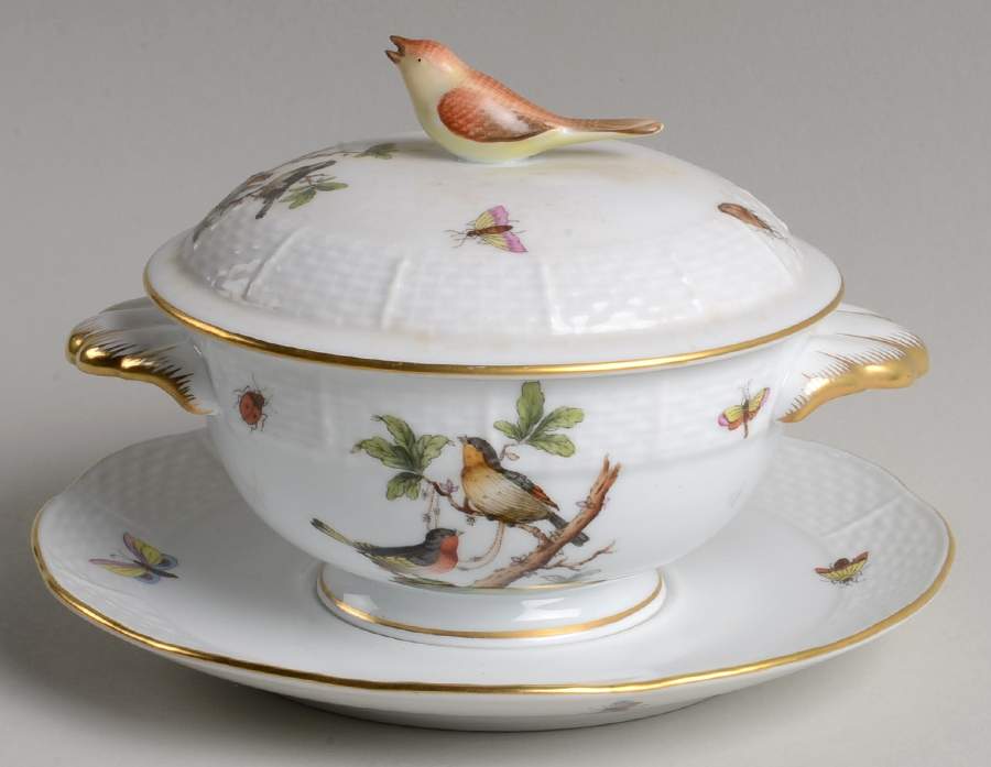 Rothschild Bird (RO) Cream Soup Bowl & Saucer Set with LId by Herend-1