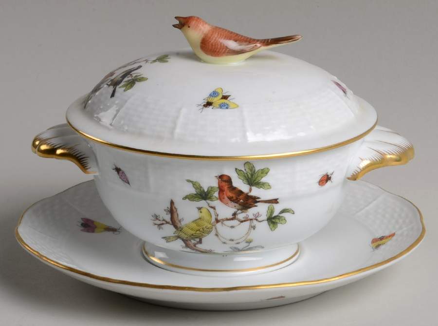 Rothschild Bird (RO) Cream Soup Bowl & Saucer Set with LId by Herend-1