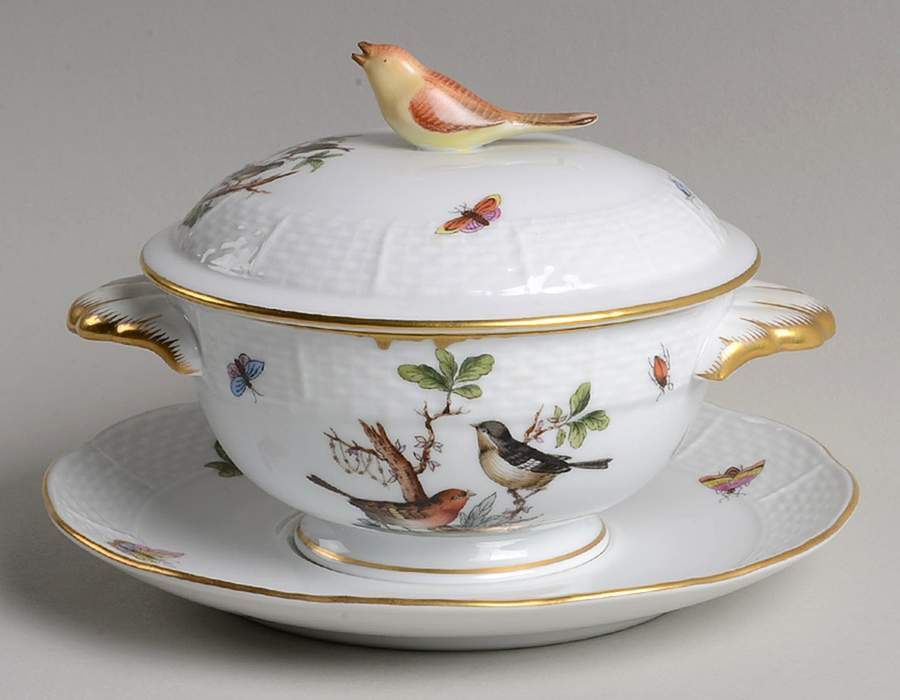 Rothschild Bird (RO) Cream Soup Bowl & Saucer Set with LId by Herend-1