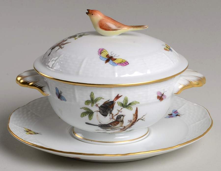 Rothschild Bird (RO) Cream Soup Bowl & Saucer Set with LId by Herend-1