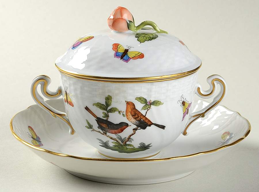 Rothschild Bird (RO) Cream Soup Bowl & Saucer Set with LId by Herend-1