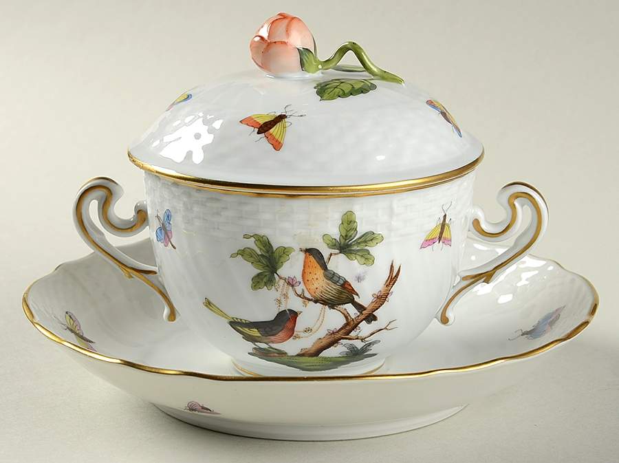 Rothschild Bird (RO) Cream Soup Bowl & Saucer Set with LId by Herend-1