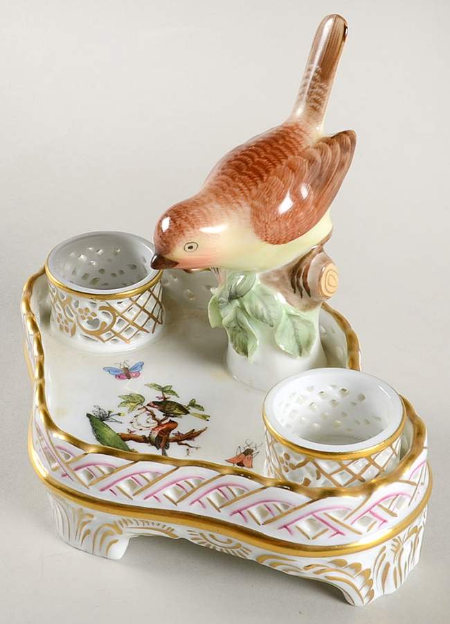 Rothschild Bird (RO) Double Ink Stand w/o Lids & Inserts by Herend-1