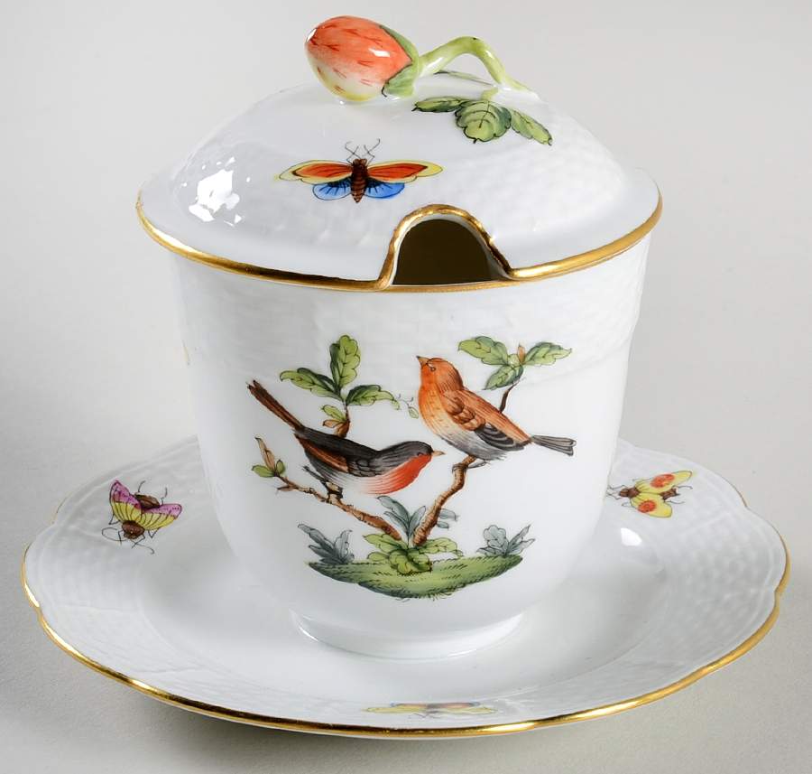 Rothschild Bird (RO) Jam/Jelly & Lid with Attached Underplate by Herend-1