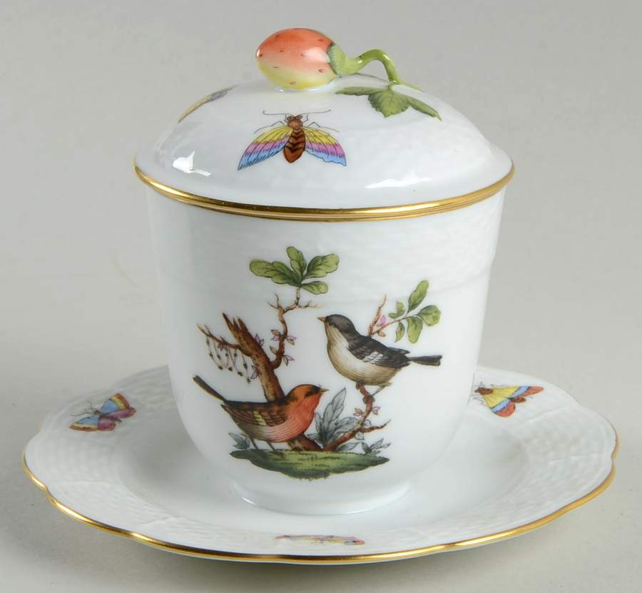 Rothschild Bird (RO) Jam/Jelly & Lid w/Attached Underplate by Herend-1