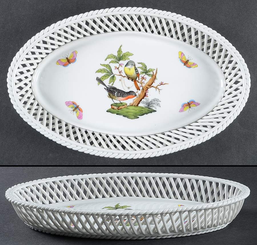 Rothschild Bird (RO) 10" Oval Open Weave Basket by Herend-1