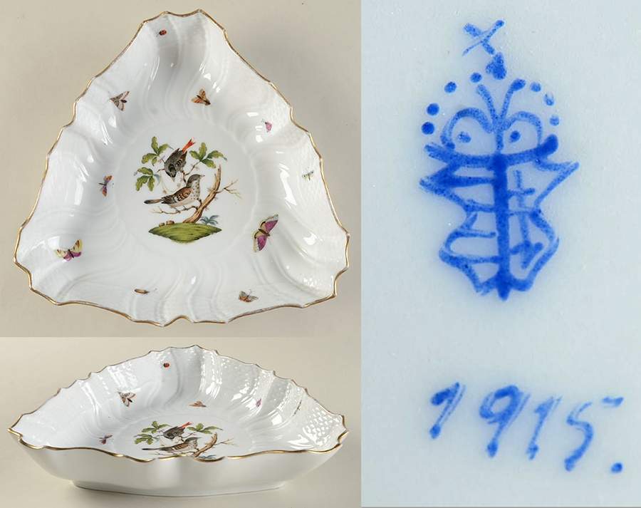 Rothschild Bird (RO) 10" Triangular Vegetable Bowl by Herend-1