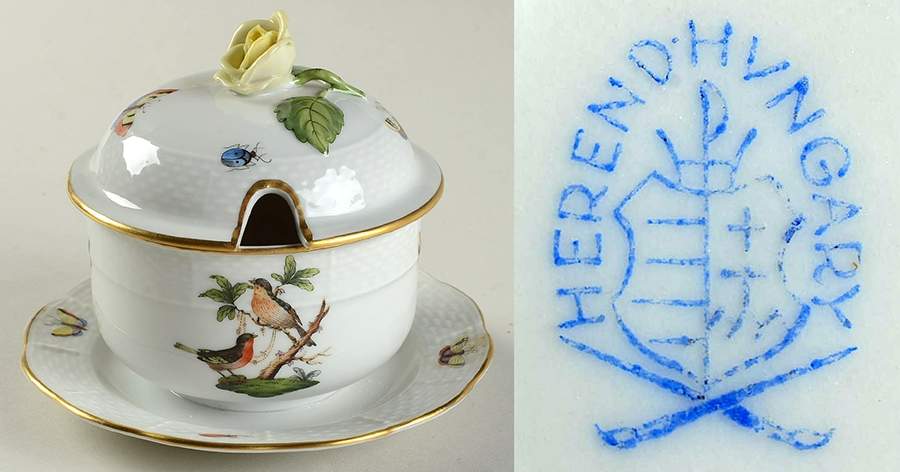 Rothschild Bird (RO) Jam/Jelly & Lid w/Attached Underplate by Herend-1