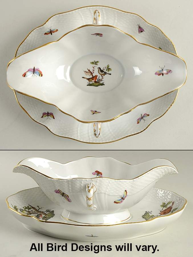 Rothschild Bird (RO) Gravy Boat with Attached Underplate by Herend-1