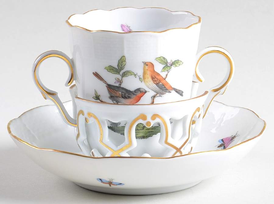 Rothschild Bird (RO) 2 Handled Trembleuse Cup & Saucer by Herend-1