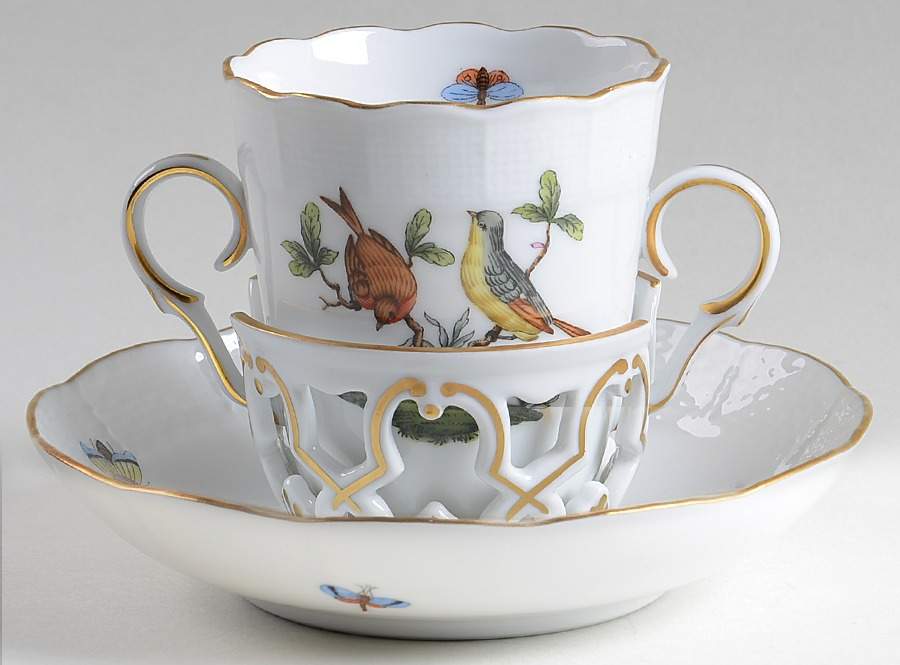Rothschild Bird (RO) 2 Handled Trembleuse Cup & Saucer by Herend-1