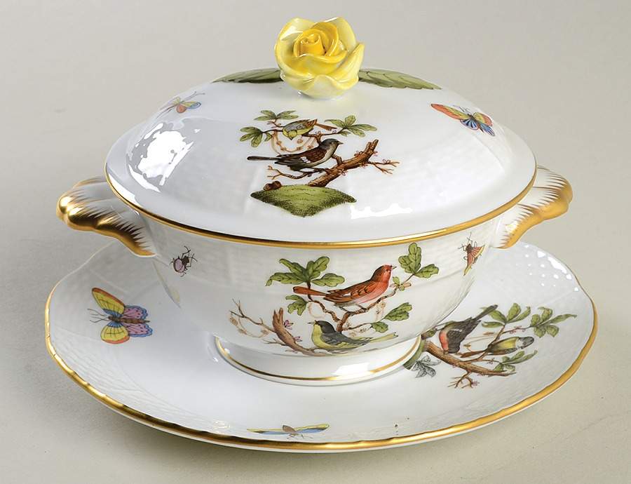 Rothschild Bird (RO) Cream Soup Bowl & Saucer Set with LId by Herend-1