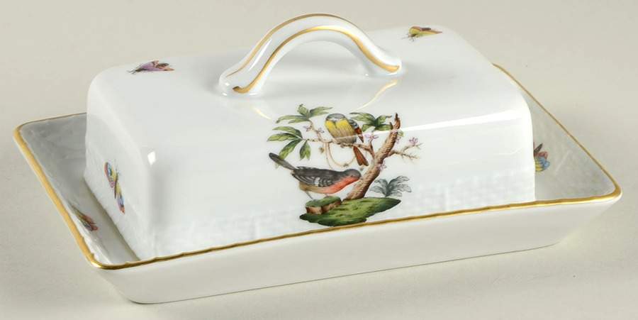 Rothschild Bird (RO) Rectangular Covered Butter by Herend-1