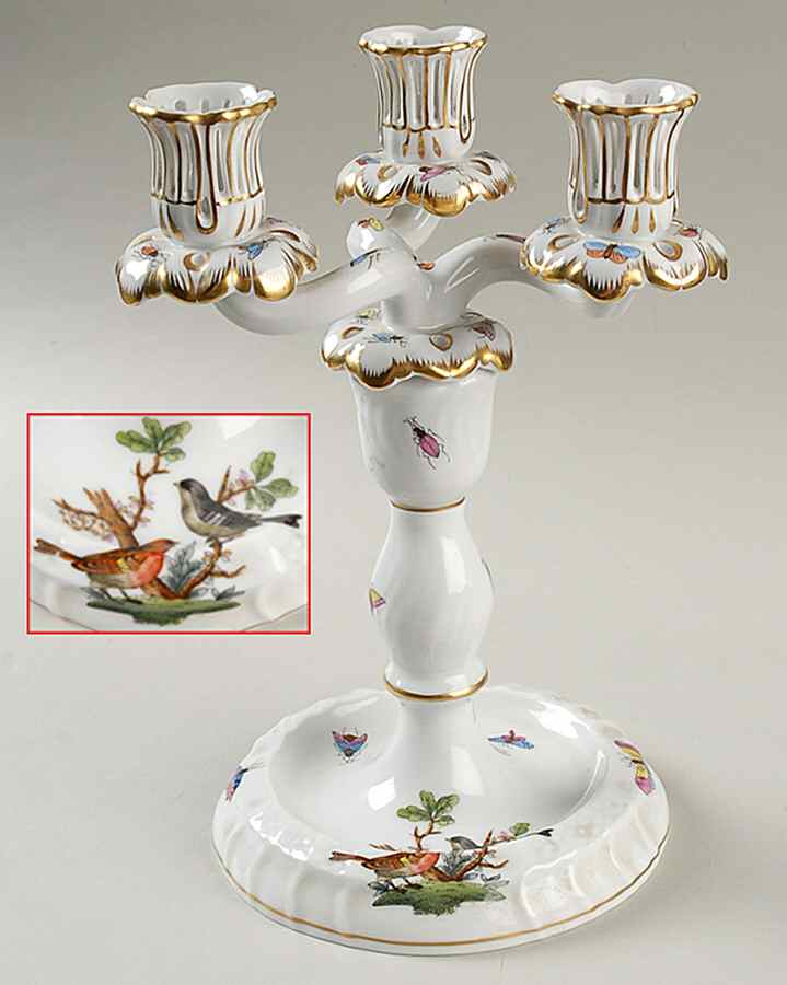 Rothschild Bird (RO) 9" Three Light Candlestick (Uses a Candle Arm) by Herend-1