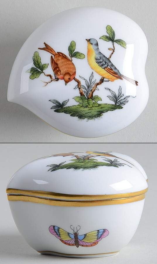 Rothschild Bird (RO) 3" Heart Shape Bon Bon & Lid by Herend-1