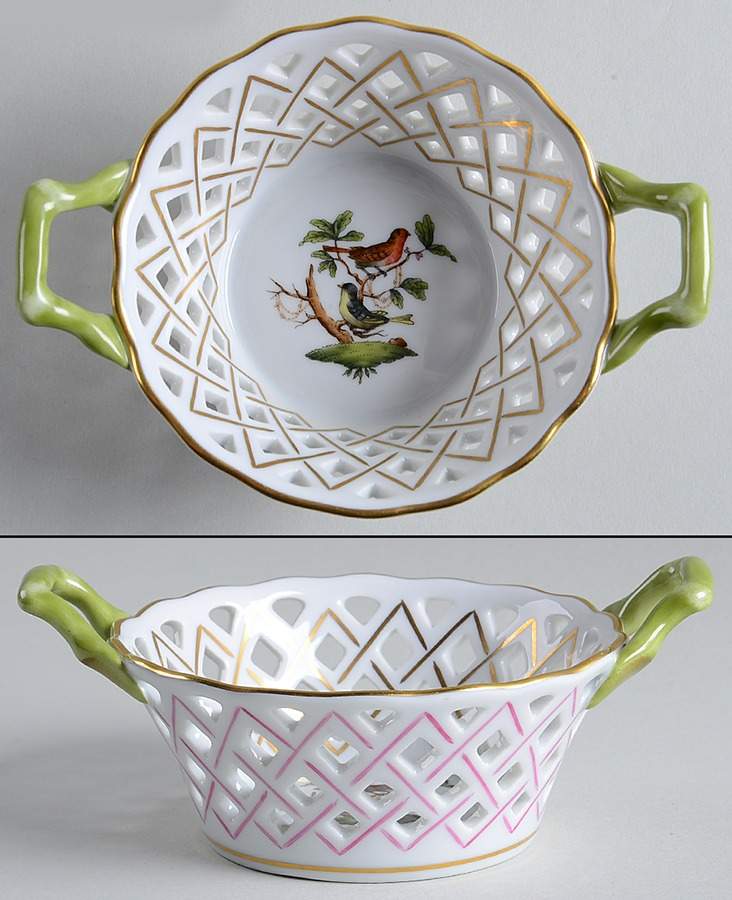 Rothschild Bird (RO) 5" Round Open Weave Basket with Handles by Herend-1