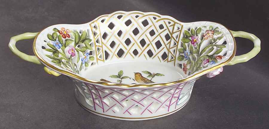 Rothschild Bird (RO) 7" Handled Oval Open Weave Basket by Herend-1