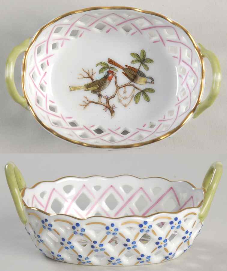Rothschild Bird (RO) 3" Oval Handled Open Weave Basket by Herend-1