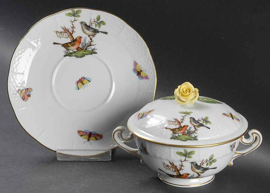 Rothschild Bird (RO) Cream Soup Bowl & Saucer Set with Lid by Herend-1