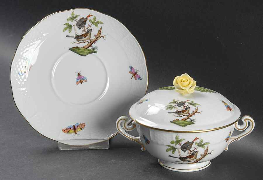 Rothschild Bird (RO) Cream Soup Bowl & Saucer Set w/Lid by Herend-1