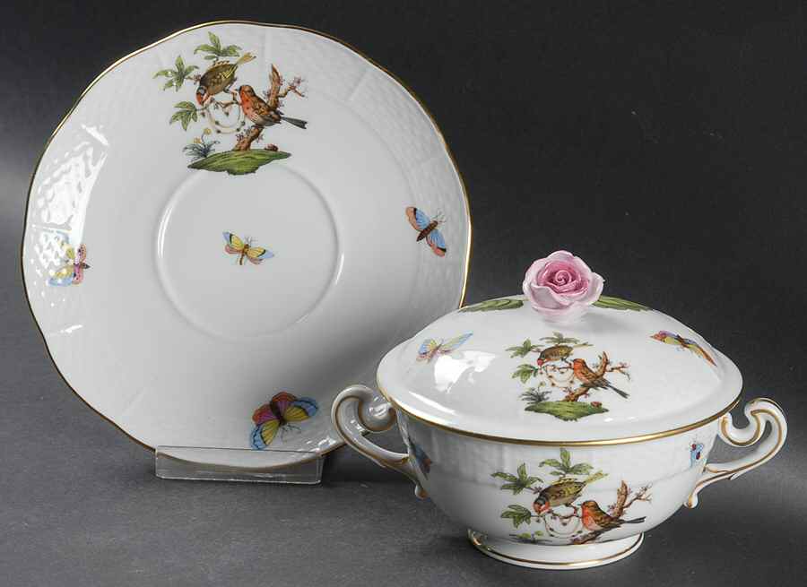 Rothschild Bird (RO) Cream Soup Bowl & Saucer Set with Lid by Herend-1