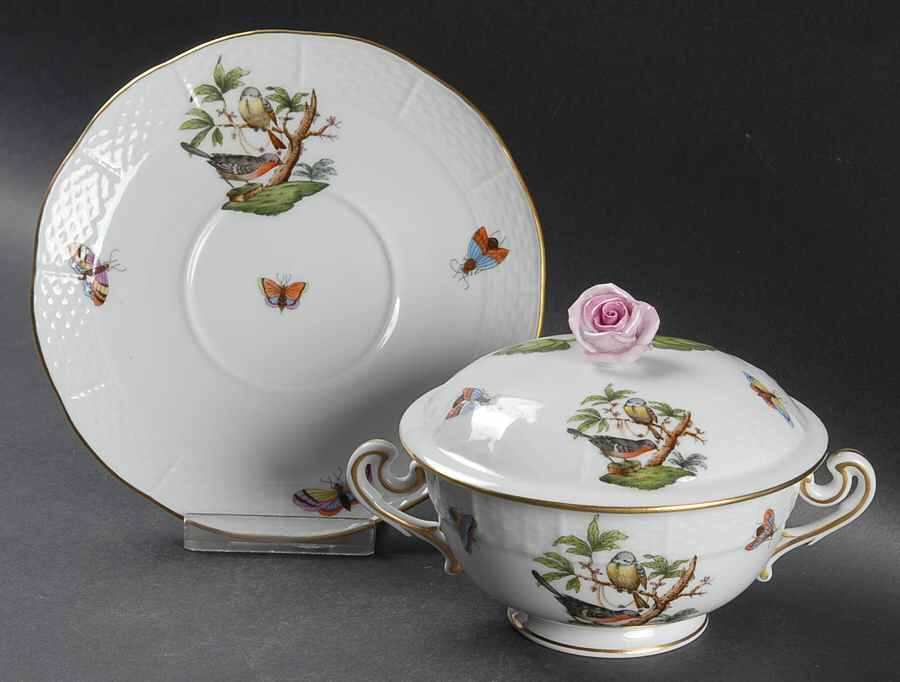 Rothschild Bird (RO) Cream Soup Bowl & Saucer Set with LId by Herend-1