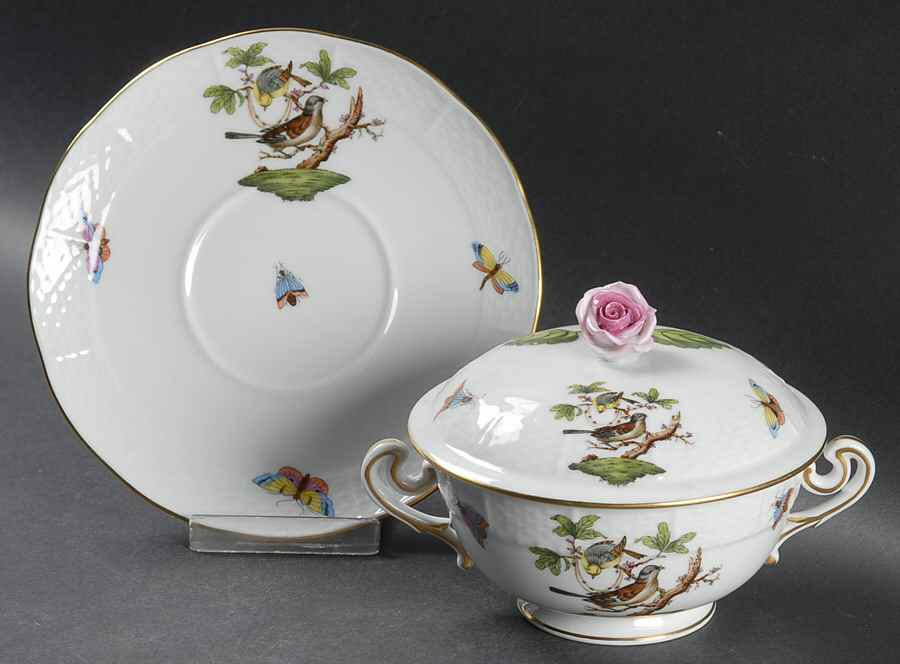 Rothschild Bird (RO) Cream Soup Bowl & Saucer Set with LId by Herend-1