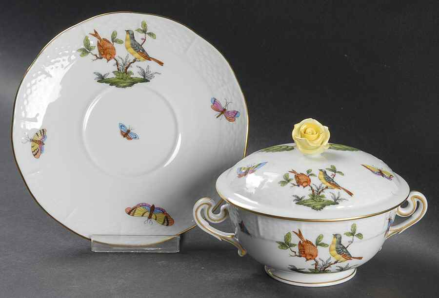 Rothschild Bird (RO) Cream Soup Bowl & Saucer Set with Lid by Herend-1