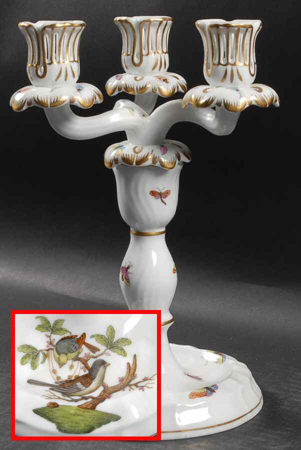 Rothschild Bird (RO) 9" Three Light Candlestick (Uses a Candle Arm) by Herend-1