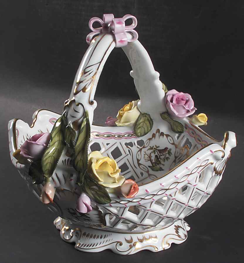 Rothschild Bird (RO) 10" Open Weave Basket W/Bow by Herend-1