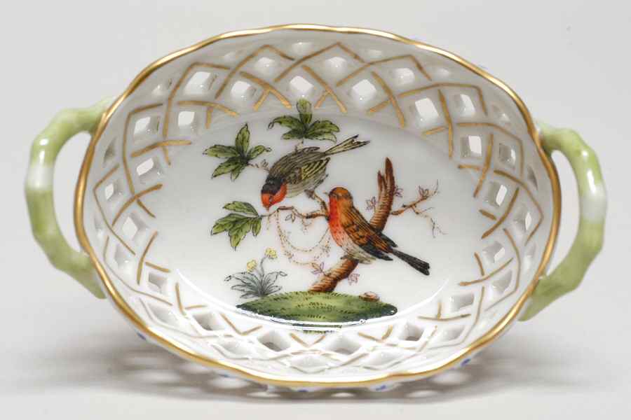 Rothschild Bird (RO) 3" Oval Handled Open Weave Basket by Herend-1