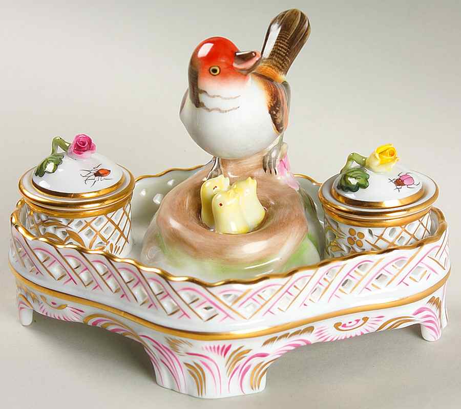 Rothschild Bird (RO) Double Ink Stand w/2 Inserts & 2 Lids by Herend-1