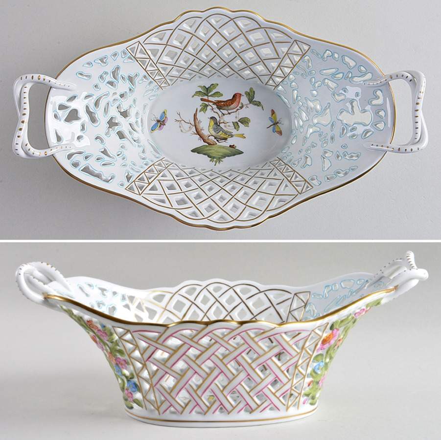 Rothschild Bird (RO) 11" Oval Pierced Basket by Herend-1