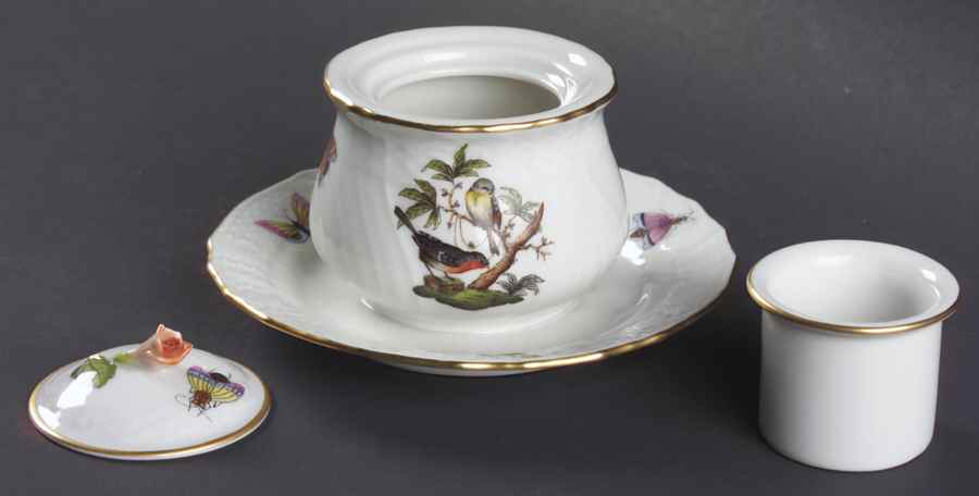 Rothschild Bird (RO) Ink Pot with Lid, Insert & Attached Tray by Herend-1