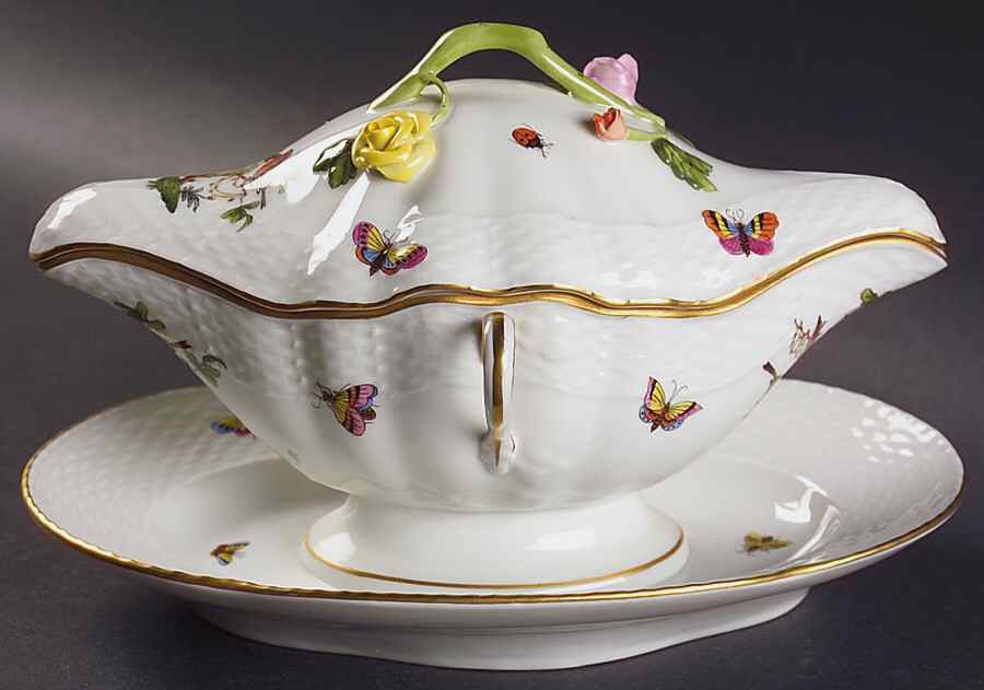 Rothschild Bird (RO) Gravy Boat w/Attached Underplate & Lid by Herend-1