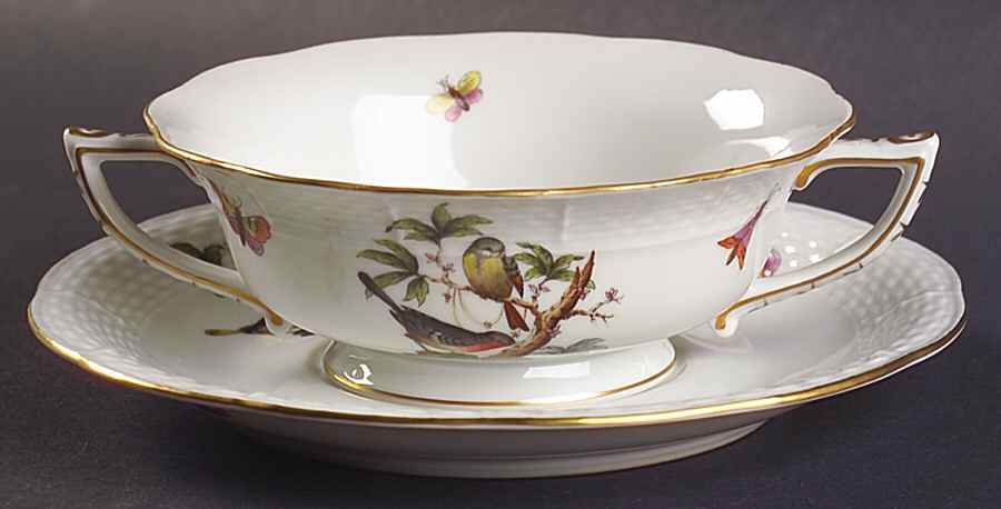 Rothschild Bird (RO) Footed Cream Soup Bowl & Saucer Set by Herend-1