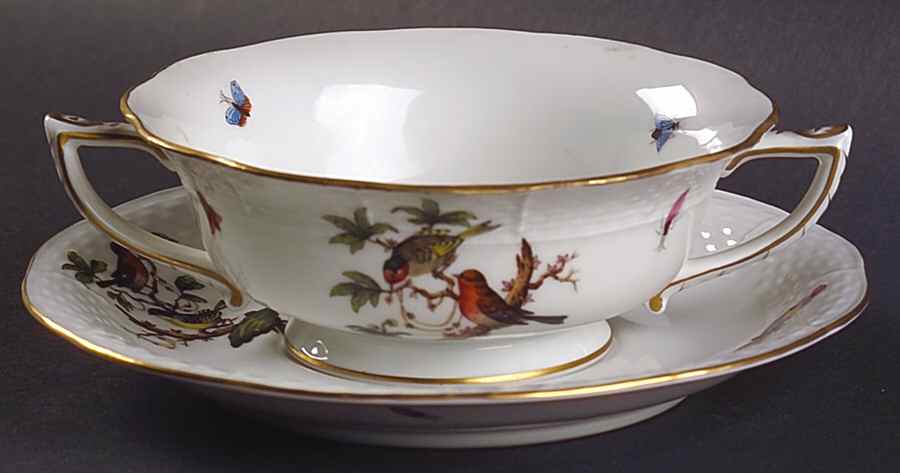 Rothschild Bird (RO) Footed Cream Soup Bowl & Saucer Set by Herend-1