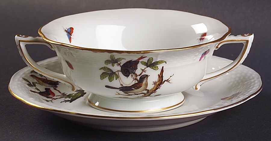 Rothschild Bird (RO) Footed Cream Soup Bowl & Saucer Set by Herend-1