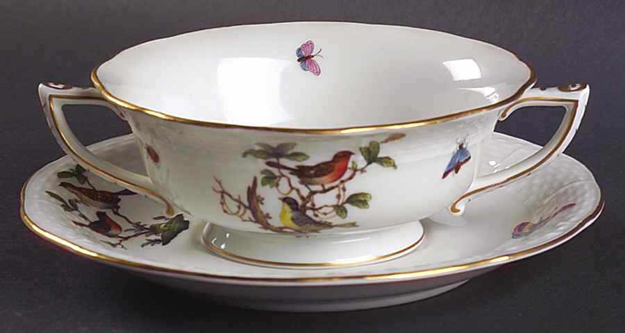 Rothschild Bird (RO) Footed Cream Soup Bowl & Saucer Set by Herend-1