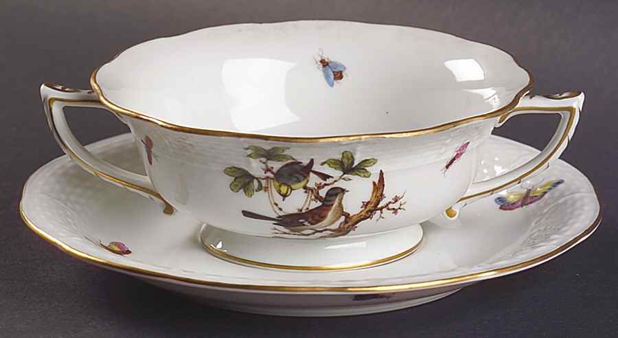 Rothschild Bird (RO) Footed Cream Soup Bowl & Saucer Set by Herend-1