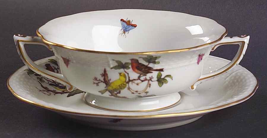 Rothschild Bird (RO) Footed Cream Soup Bowl & Saucer Set by Herend-1