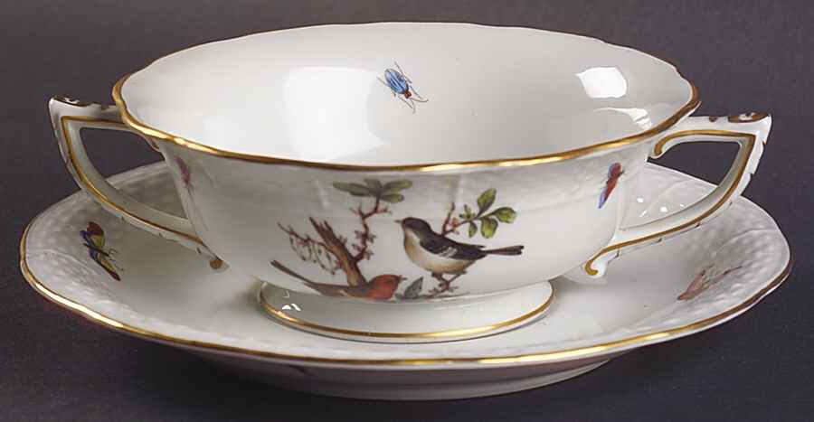 Rothschild Bird (RO) Footed Cream Soup Bowl & Saucer Set by Herend-1