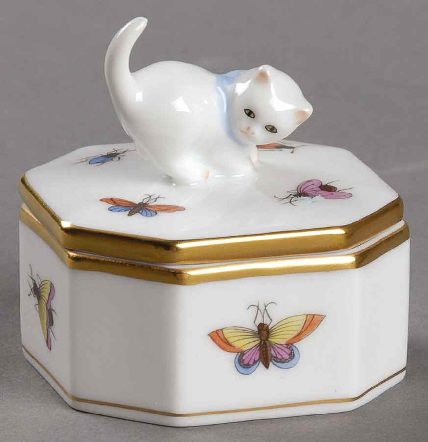 Rothschild Bird (RO) Trinket Box with Cat Lid by Herend-1