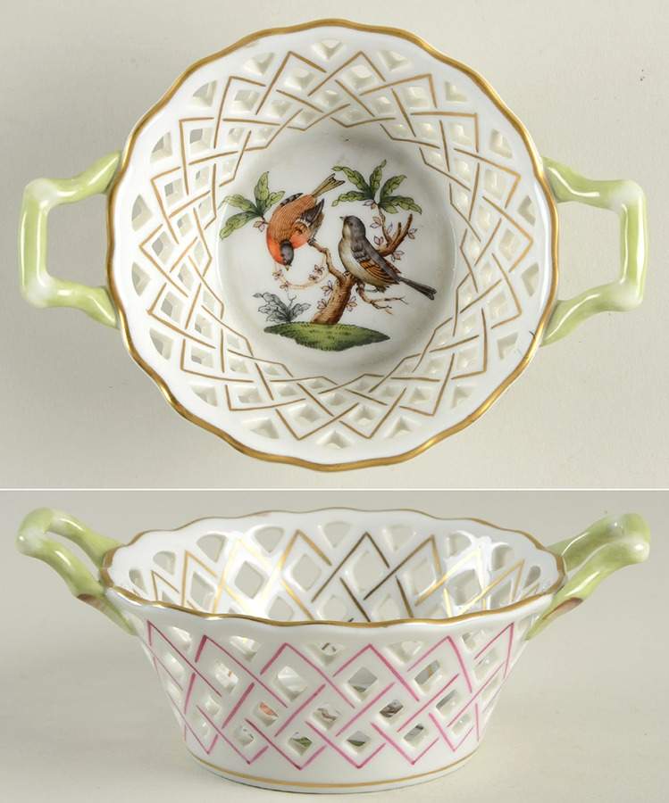 Rothschild Bird (RO) 5" Round Open Weave Basket with Handles by Herend-1