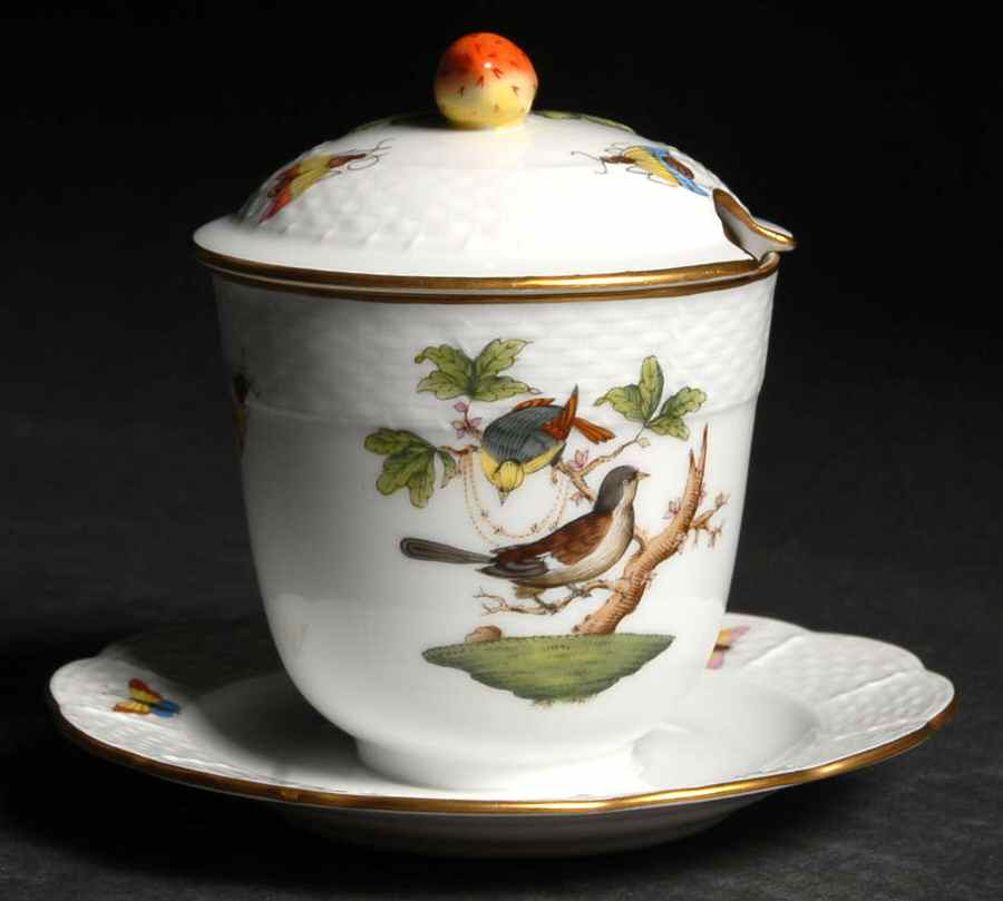 Rothschild Bird (RO) Jam/Jelly & Lid w/Attached Underplate by Herend-1