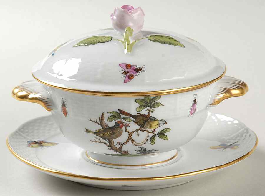 Rothschild Bird (RO) Cream Soup Bowl & Saucer Set with LId by Herend-1