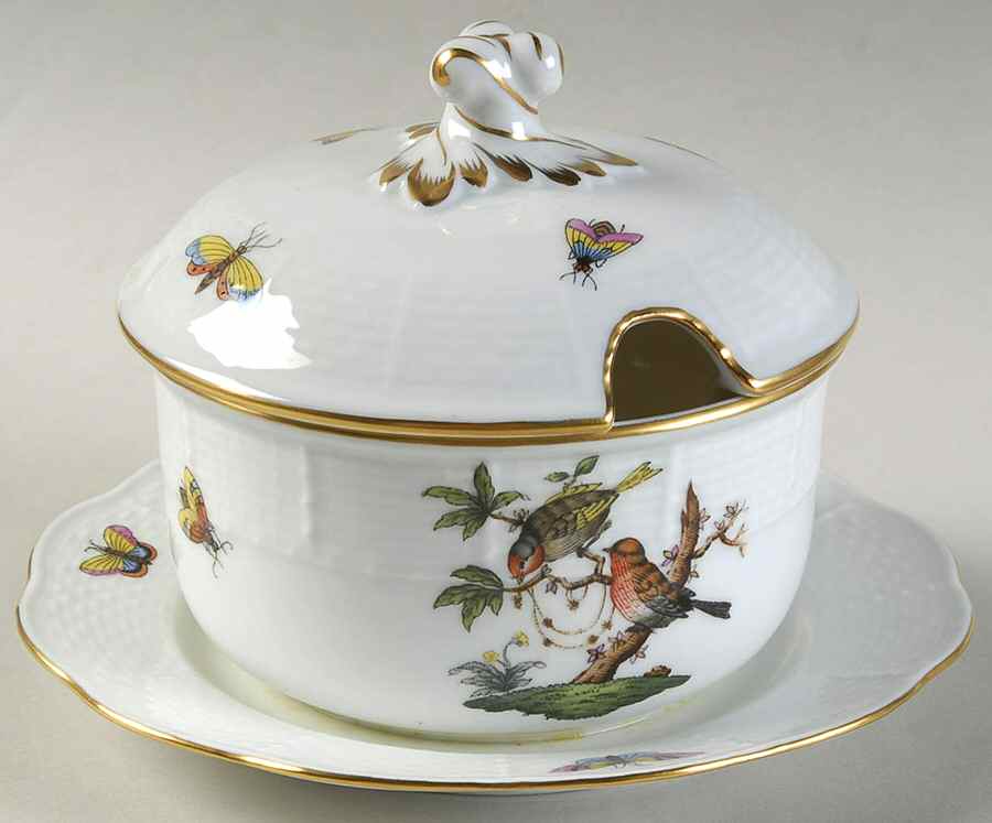 Rothschild Bird (RO) Jam/Jelly & Lid w/Attached Underplate by Herend-1