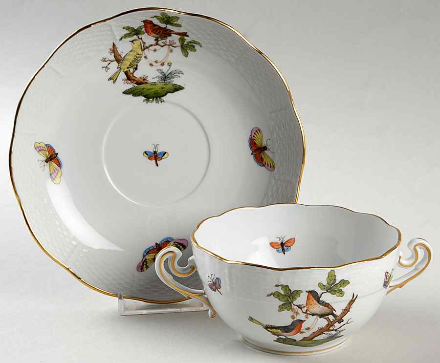 Rothschild Bird (RO) Flat Cream Soup Bowl & Saucer Set by Herend-1