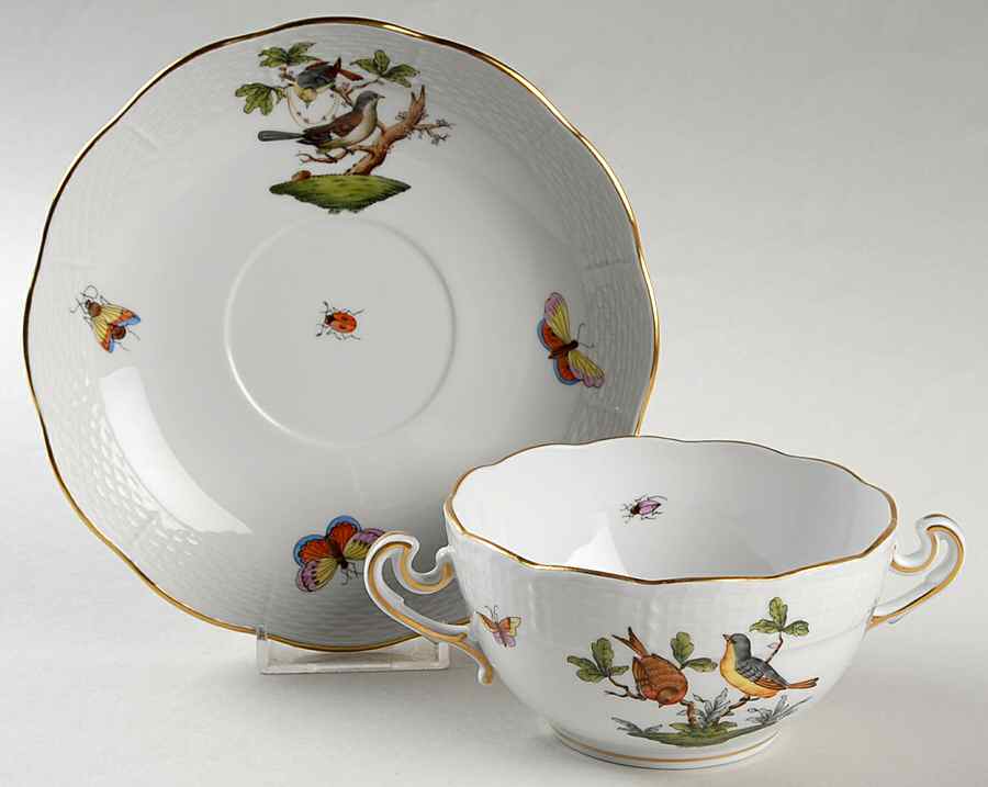 Rothschild Bird (RO) Flat Cream Soup Bowl & Saucer Set by Herend-1